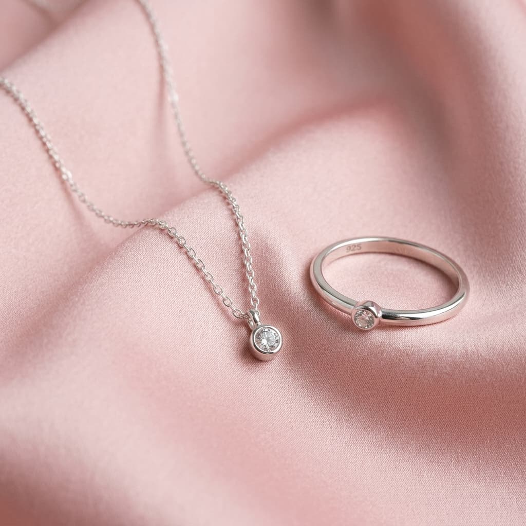 Elegant Mira silver necklace and matching ring on soft silk background